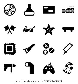 Solid vector icon set - radar vector, christmas hat, envelope, brick wall, flags cross, sunglasses, starfish, skateboard, cpu, saw, rivet, metal hacksaw, drill machine, allen key, joystick, teethers