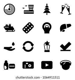 Solid vector icon set - radar vector, airport building, christmas tree, wine glasses, santa sleigh, pills blister, mri, liver, drop hand, exchange, award, check, uv cream, photo, playback