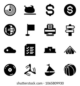 Solid vector icon set - radar vector, turkey, dollar sign, coin, globe, flag, printer, signpost, cloud, list, pedestal, tent, cd, wind mill, sailboat toy, basketball