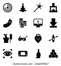 Solid vector icon set - radar vector, christmas tree, Magic wand, fireplace, eggplant, coin, monitor cursor, download, speaker, sunglasses, strawberry, kayak, eye scanner, game console, brush
