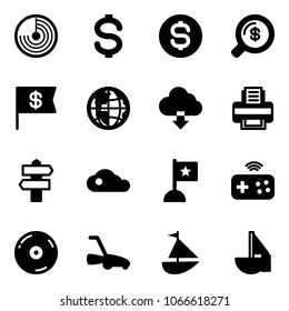 Solid vector icon set - radar vector, dollar, coin, money search, flag, globe, download cloud, printer, signpost, joystick wireless, cd, lawn mower, sailboat toy