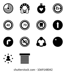 Solid vector icon set - radar vector, christmas wreath, stopwatch heart, limited width road sign, speed limit 40, 70, no dangerous cargo, only forward, right, end minimal, social, record, star man