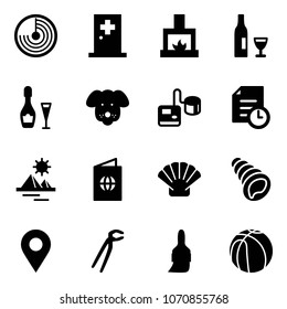 Solid vector icon set - radar vector, first aid room, fireplace, wine, dog, tonometer, history, pyramid, passport, shell, navigation pin, plumber, brush, basketball