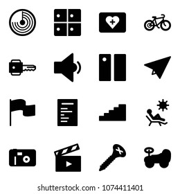 Solid vector icon set - radar vector, baggage room, first aid kit, bike, key, low volume, pause, paper plane, flag, document, stairs, beach, photo, movie flap, screw, baby car