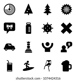 Solid vector icon set - radar vector, christmas tree, firework, bow message, vial, virus, delete cross, car, chess queen, success, money dialog, drink, surfing, kite, beer