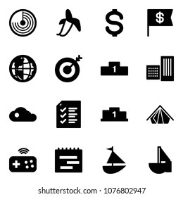 Solid vector icon set - radar vector, banana, dollar, flag, globe, target, pedestal, building, cloud, list, tent, joystick wireless, terms plan, sailboat toy