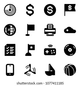 Solid vector icon set - radar vector, dollar, coin, flag, globe, printer, cloud, list, joystick wireless, cd, mobile phone, wind mill, sailboat toy, basketball