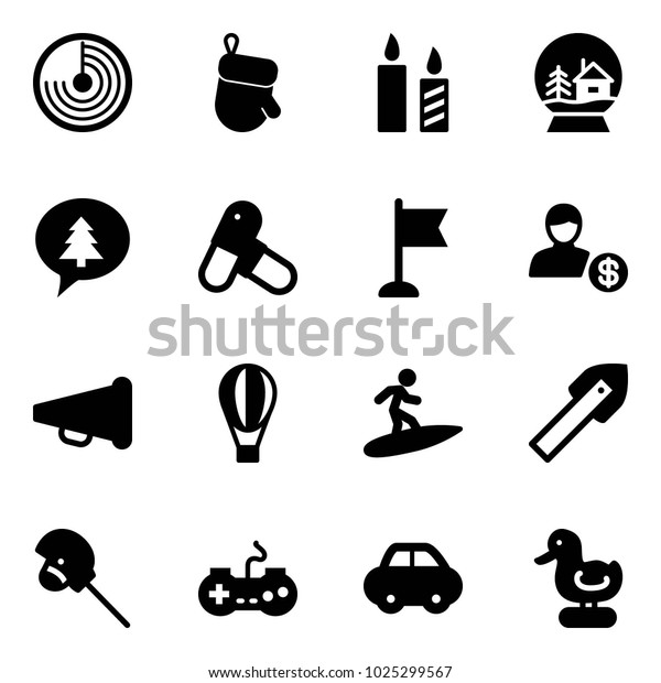Solid vector icon set - radar vector, christmas\
glove, candle, snowball house, merry message, pills, flag, account,\
speaker horn, air balloon, surfing, tile drill, horse stick toy,\
gamepad, car