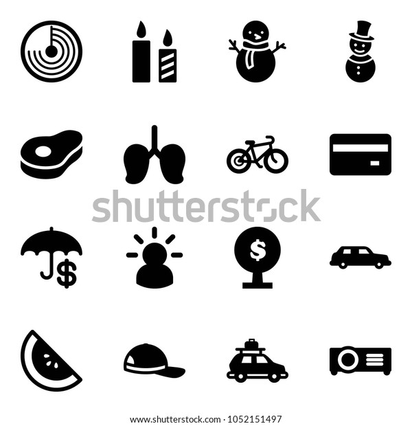 Solid vector icon set - radar\
vector, candle, snowman, meat, lungs, bike, credit card, insurance,\
idea, money tree, limousine, watermelone, cap, car baggage,\
projector