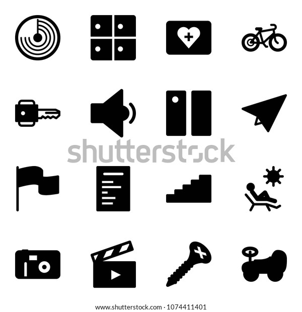 Solid vector icon set\
- radar vector, baggage room, first aid kit, bike, key, low volume,\
pause, paper plane, flag, document, stairs, beach, photo, movie\
flap, screw, baby car