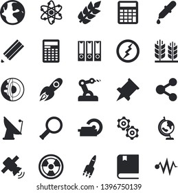Solid vector icon set - radiation flat vector, satellite antenna, rocket, earth, molecules, pipette, tomograph, atom, pencil, satellit, globe, textbook, lightning, magnifier, cogwheel, pushpin, ear