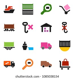solid vector icon set - Railway carriage vector, ship, truck trailer, sea container, delivery, car, port, cargo, no hook, warehouse, search, relocation, trolley