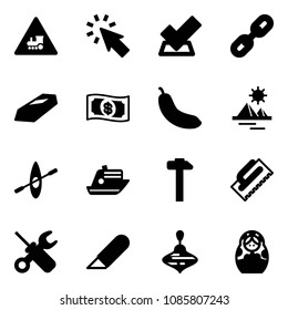 Solid vector icon set - railway intersection vector road sign, cursor, check, link, gold, money, banana, pyramid, kayak, cruiser, hammer, trowel, wrench screwdriver, work knife, wirligig toy