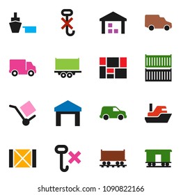 solid vector icon set - Railway carriage vector, ship, truck trailer, sea container, delivery, car, port, wood box, consolidated cargo, no hook, warehouse