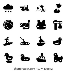 Solid vector icon set - rain cloud vector, pool, palm, ball, diving, life vest, ship bell, surfing, fishing, sailboat toy, duck, boat