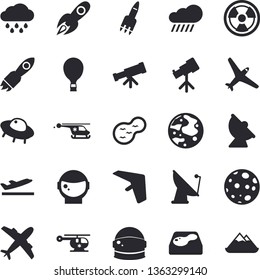 Solid vector icon set - rain flat vector, pond, pool, radiation, satellite antenna, rocket, helicopter, moon, ufo, telescope, astronaut helmet fector, aircraft, hang glider, balloon, departure