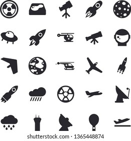 Solid vector icon set - rain flat vector, pool, radiation, satellite antenna, rocket, helicopter, moon, ufo, telescope, astronaut helmet fector, aircraft, airport tower, hang glider, balloon