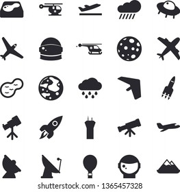 Solid vector icon set - rain flat vector, pond, pool, satellite antenna, helicopter, rocket, moon, ufo, telescope, astronaut helmet fector, aircraft, airport tower, hang glider, balloon, departure