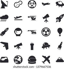 Solid vector icon set - rain flat vector, pond, pool, radiation, satellite antenna, rocket, helicopter, moon, ufo, telescope, astronaut helmet fector, aircraft, airport tower, hang glider, balloon
