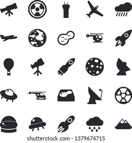 Solid vector icon set - rain flat vector, pond, pool, radiation, satellite antenna, rocket, helicopter, moon, ufo, telescope, astronaut helmet fector, aircraft, airport tower, balloon, mountains