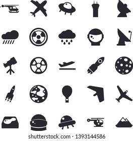 Solid vector icon set - rain flat vector, pool, radiation, satellite antenna, rocket, helicopter, moon, ufo, telescope, astronaut helmet fector, aircraft, airport tower, hang glider, balloon