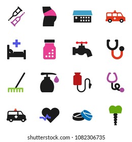 solid vector icon set - rake vector, water tap, liquid soap, buttocks, heart pulse, crutches, stethoscope, pills, bottle, hospital bed, building, amkbulance car, drop counter, tooth implant