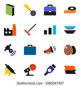 solid vector icon set - rake vector, washing powder, skimmer, rolling pin, plates, egg, case, measuring, sorting, microphone, satellitie, hdmi, factory, loudspeaker, signpost
