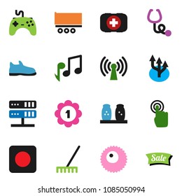 solid vector icon set - rake vector, spices, music, snickers, medal, first aid kit, truck trailer, gamepad, touchscreen, rec button, stethoscope, ovule, network server, route arrow, wireless, sale