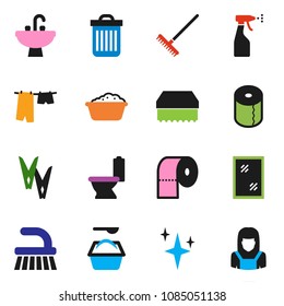 solid vector icon set - rake, clothespin, sponge, trash bin, shining, window cleaning, toilet, drying clothes, foam basin, washing powder, sprayer, paper, sink, cleaner woman