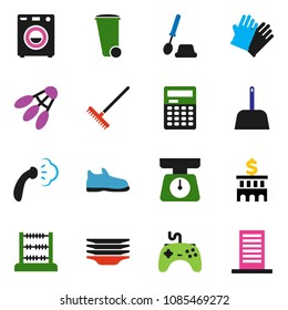 solid vector icon set - rake vector, scoop, trash bin, steaming, toilet brush, rubber glove, plates, scales, calculator, abacus, bank building, snickers, shuttlecock, gamepad, washer