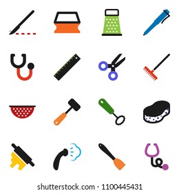 solid vector icon set - rake vector, sponge, steaming, colander, whisk, spatula, rolling pin, meat hammer, grater, ruler, pen, scissors, scalpel, stethoscope