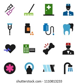 solid vector icon set - rake vector, pills vial, ambulance star, heart pulse, doctor, crutches, broken bone, hospital building, tomography, bandage, drop counter, tooth, medical room, bath