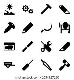 Solid vector icon set - reading vector, gear, hammer, work knife, screw, pencil, sickle, concrete mixer, generator, rasp, wrench screwdriver, trailer, awl, forceps, toy