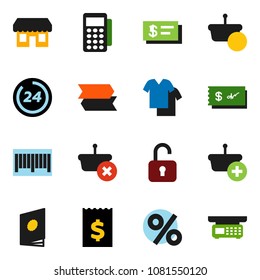 solid vector icon set - receipt vector, 24 hour, percent, store, barcode, card reader, basket, catalog, unlock, check, signpost, clothes, scales