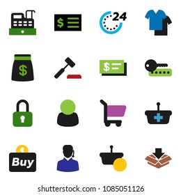 solid vector icon set - receipt vector, money bag, 24 hour, customer, support, buy, cashbox, basket, cart, auction, lock, check, clothes, password, package