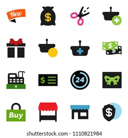 solid vector icon set - receipt vector, gift, cash, money bag, new, 24 hour, market, store, buy, cashbox, basket, coupon, dollar shield