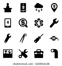 Solid vector icon set - recieptionist vector, mobile payment, money rain, dollar pin, click, gear globe, wrench, plumber, screwdriver, jack, tool box, allen key