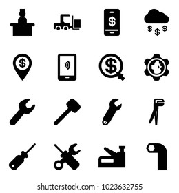 Solid vector icon set - recieptionist vector, fork loader, mobile payment, money rain, dollar pin, click, gear globe, wrench, rubber hammer, plumber, screwdriver, stapler, allen key