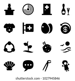 Solid vector icon set - recieptionist vector, radar, first aid room, wine, dog, eggs, money back, community, sproute, moon flag, waves, shell, chat, plumber, doll