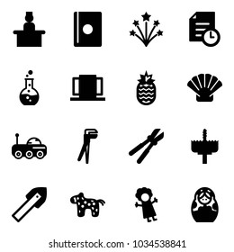 Solid vector icon set - recieptionist vector, passport, firework, history, round flask, doors, pineapple, shell, moon rover, plumber, bolt cutter, crown drill, tile, toy horse, doll, russian