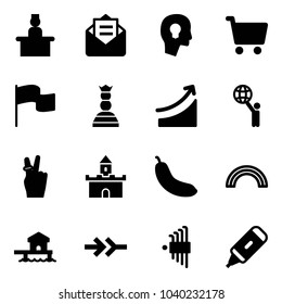 Solid vector icon set - recieptionist vector, opened mail, head bulb, cart, flag, chess queen, rise, world, victory, sand fort, banana, rainbow, bungalow, connect, allen key set, marker