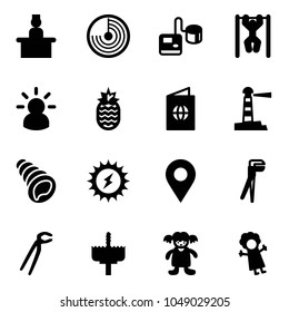 Solid vector icon set - recieptionist vector, radar, tonometer, pull ups, idea, pineapple, passport, lighthouse, shell, sun power, navigation pin, plumber, crown drill, doll