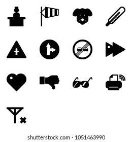 Solid vector icon set - recieptionist vector, side wind, dog, thermometer, intersection road sign, only forward right, end overtake limit, fast, heart, dislike, sunglasses, printer wireless