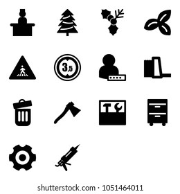 Solid vector icon set - recieptionist vector, christmas tree, holly, three leafs, pedestrian road sign, limited height, user password, water power plant, trash bin, axe, tool box, cabinet, gear