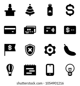 Solid vector icon set - recieptionist vector, christmas tree, milk, dollar sign, credit card, tap pay, flag, shield cross, gear, banana, air balloon, terms plan, mobile phone, bulb