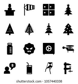 Solid vector icon set - recieptionist vector, side wind, baggage room, christmas tree, vial, virus, safe, helicopter, money dialog, drink, kite, clamp