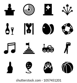 Solid vector icon set - recieptionist vector, radar, first aid room, firework, wine, pull ups, eggs, friends, music, pyramid flag, moon rover, plumber, brush, balloon smile, russian doll, basketball