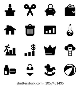Solid vector icon set - recieptionist vector, santa stick, piggy bank, wallet, home, trash bin, statistics, round flask, career, dollar chart, crown, cloud ladder, uv cream, swimsuit, rocking horse