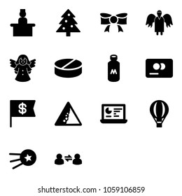 Solid vector icon set - recieptionist vector, christmas tree, bow, angel, pill, milk, credit card, dollar flag, landslide road sign, statistics monitor, air balloon, first satellite