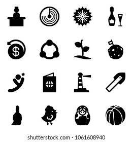 Solid vector icon set - recieptionist vector, radar, firework, wine, money back, community, sproute, moon flag, flying man, passport, lighthouse, tile drill, brush, chicken toy, russian doll